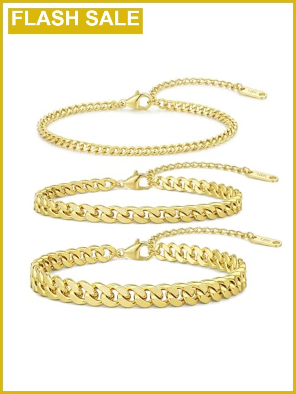 3PCS Anklet Set 14k Gold Plated Stainless Steel Waterproof Cuban Link Adjustable